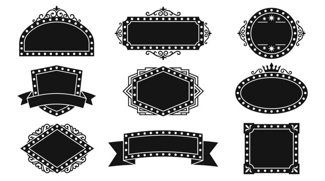 Set of vintage marquee frames and ornamental borders, decorative signage elements for retro labels, elegant vector badges for wedding and event