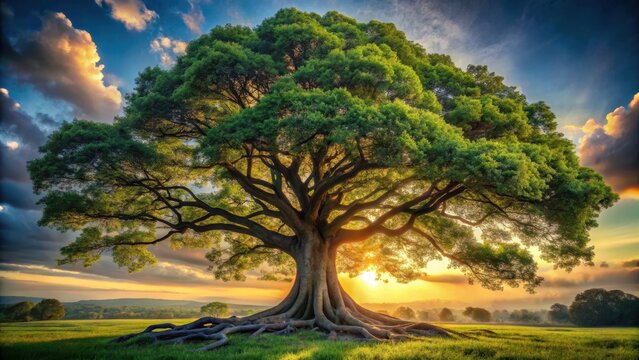 A majestic oak stands tall its sturdy trunk and sprawling roots representing unshakeable wisdom born from quiet contemplation