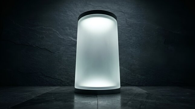 Sleek frosted LED lamp with dark slate background. Modern glowing cylinder for interior design and dark minimalism concept.