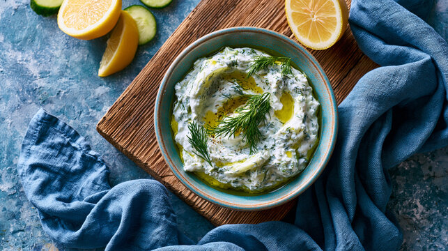 A vibrant top-down culinary photograph featuring a creamy tzatziki dip garnished with fresh dill and olive oil, served with lemon slices and cucumbers.