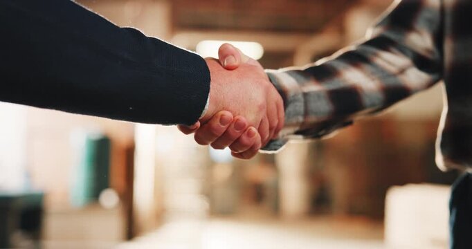 Handshake, men and carpenters in workshop with deal, agreement or partnership on industry project. Meeting, offer and woodworker shaking hands with client for furniture manufacturing in factory.