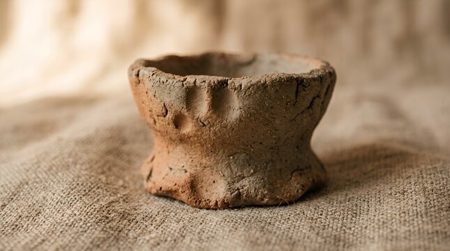 Handmade rustic clay tea light holder. Earthenware candlestick with natural texture. Boho home decor item for interior design. Neutral color palette ceramic craft.