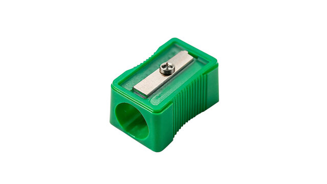 Green plastic manual pencil sharpener stationery tool isolated on transparent background for office