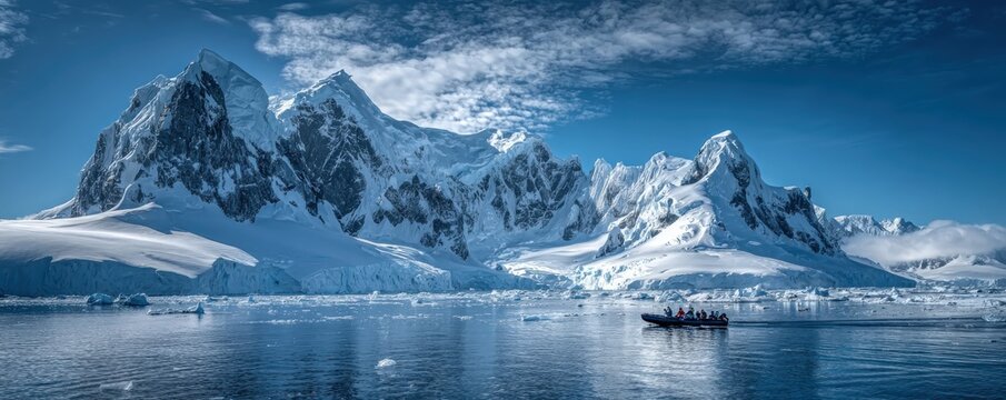 Snow-covered mountains rise above icy waters under a partly cloudy sky, with a small boat carrying people exploring the frozen landscape.