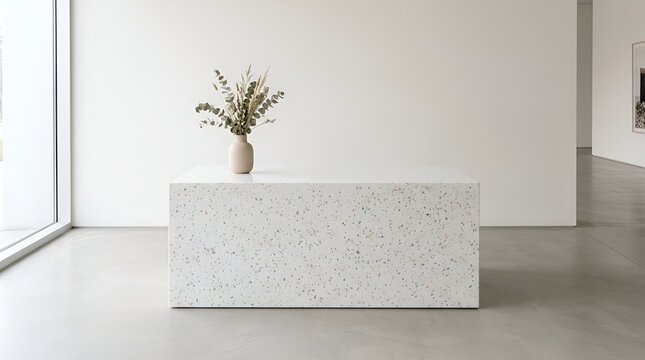 Minimalist white terrazzo bench, dry flowers in vase, bright hall interior, modern monochrome interior design, empty exhibition background, neutral living room interior with natural light