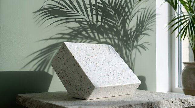 Geometric concrete sculpture, abstract modern art, white minimalist decor, garden plant shadows, natural sunlight, architectural interior composition