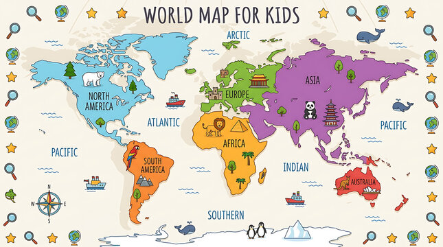 Illustrated world map for kids with ocean and continent names