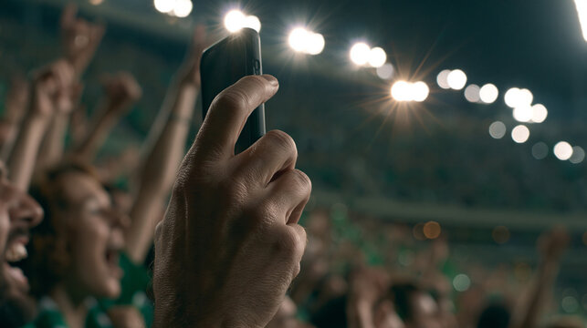 A close-up, high-definition photograph focusing tightly on a hand holding a smartphone up to capture a vibrant, crowded stadium event under bright floodlights.