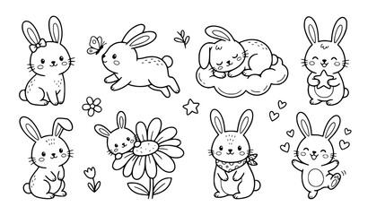 Obraz premium Cute Bunny Cartoon Character Collection with Funny Poses Flowers Hearts and Playful Rabbit Illustrations