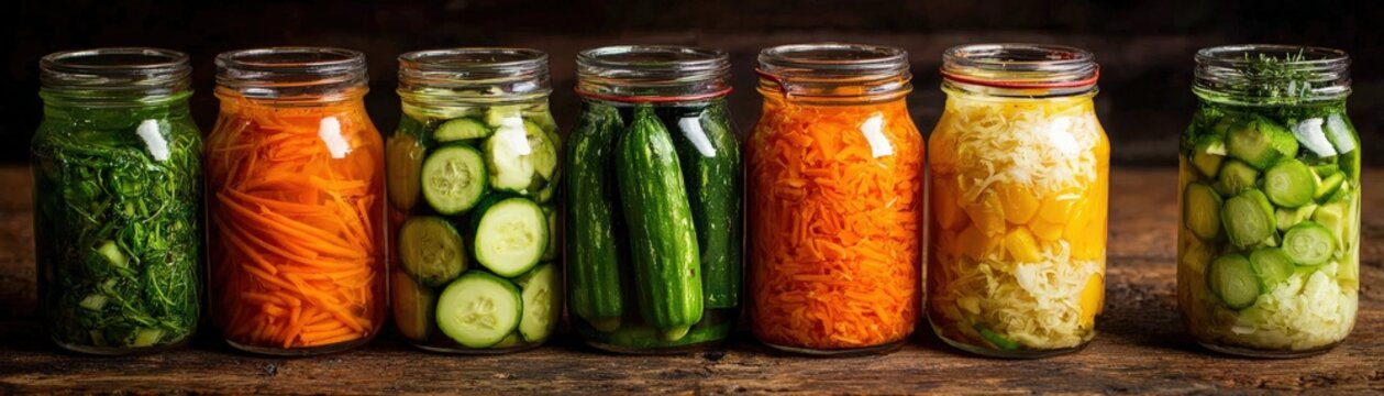 Seven glass jars filled with various pickled and fresh vegetables, including cucumbers, carrots, and cabbage, displayed on a rustic wooden surface.