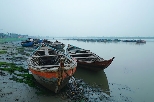 Traditional Boats Docked Along the Ganges River at Dawn.