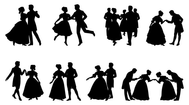 Set of black silhouettes featuring Victorian couples dancing and interacting, vintage style, historical ballroom dance, romantic gala, social event
