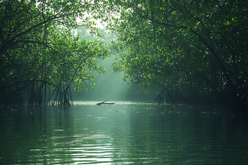 Misty mangrove forest with a bird flying gracefully over calm water © NasimaNasrin