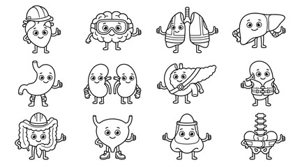 Obraz premium Set of human organ characters with cute faces, medical education, biological science, health awareness, anatomy study, outline style elements