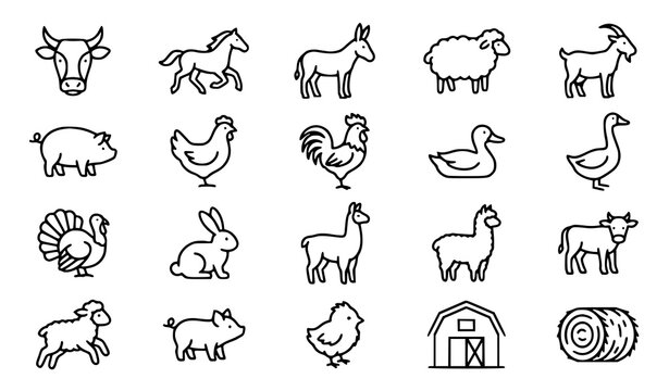 Livestock and poultry outline icon set with farm animals, barn and hay bale illustrations