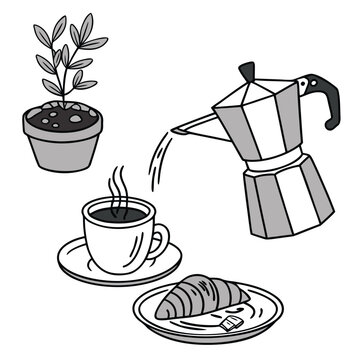 Black and white coffee setup with croissant and plant