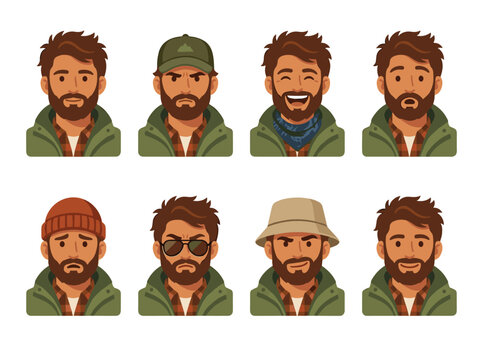 Bearded man character avatar collection with various emotions