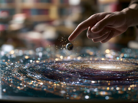 An extreme close-up or macro perspective focused on a fingertip making contact with a tiny, floating Earth miniature surrounded by stardust particles against a swirling nebula.