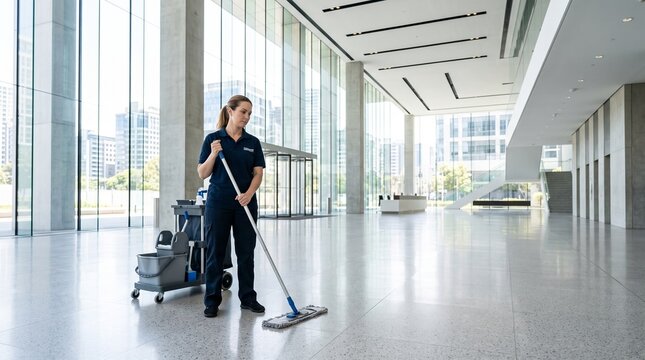 Female cleaning worker mopping the floor in modern office lobby