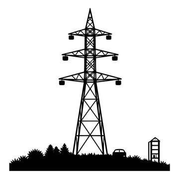 Silhouette of high-voltage transmission tower line - design for electric utility company logos, energy sector infographics, and industrial web banners. Transparent SVG version.