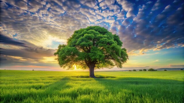A serene lone tree stands amidst a lush green field nestled within a harmonious balance of natures perfect symmetry