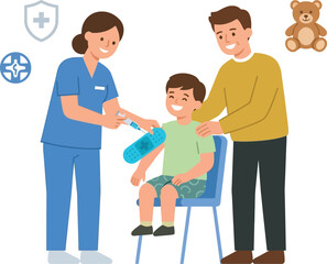 Obraz premium Caring nurse administering vaccine to happy child with father's support, healthcare concept for pediatric immunization, family well-being and medical care promotion