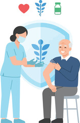 Fototapeta premium Caring Nurse Administering Vaccine to Elderly Man with Medical Icons Overhead, Concept for Healthcare Protection, Senior Wellness and Public Health Campaigns