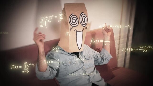 Funny meme: man wearing a breadbag face with spiral eyes, overwhelmed by floating math equations. Expressing confusion, mental overload and humorous problem solving.
