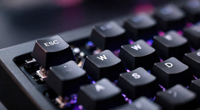 Gaming Keyboard Keys Close Up with Blue LED Backlight