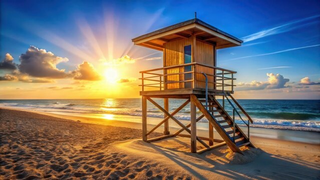 A sturdy lifeguard tower stands sentinel atop the sunkissed beach shielding tourists from harm with watchful vigilant eyes