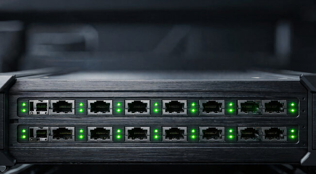 Network Switch Ethernet Ports Close Up in Server Rack