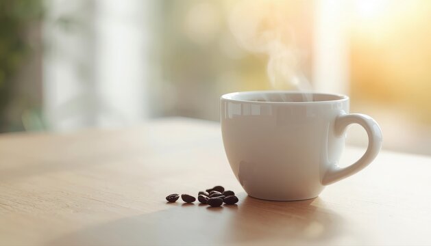 White coffee mug with roasted coffee beans on light wooden surface espresso caffeine beverage sunlight breakfast cappuccino relaxing caffeinated lifestyle atmosphere