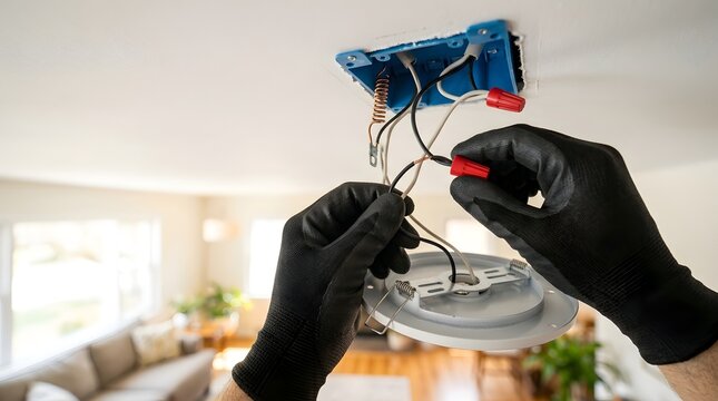 Electrician connecting ceiling light wires with plastic connectors inside junction box during professional household renovation.