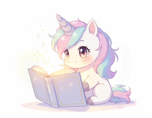 Adorable pastel unicorn reading a glowing magic book symbolizing imagination and the wonder of learning in a fantasy world setting © eidel