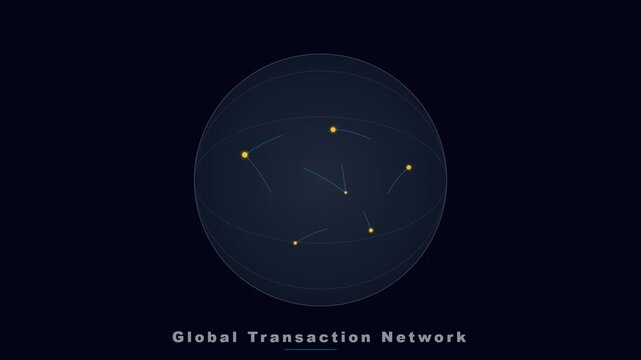 Digital globe network animation with glowing data transfer points moving inside a wireframe sphere against a dark blue background