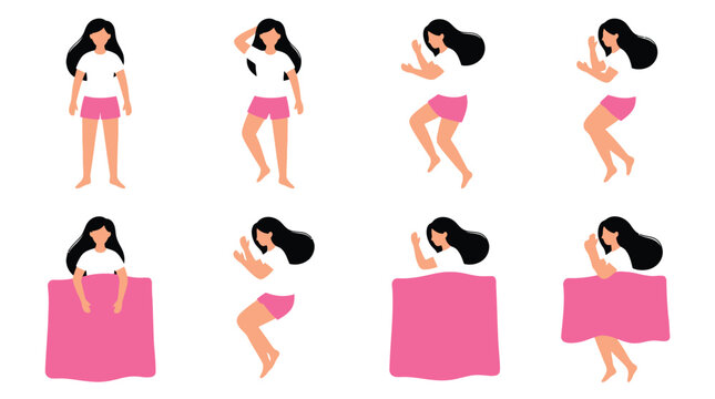 Diverse poses of a young woman wearing pajama shorts in this colorful flat vector illustration