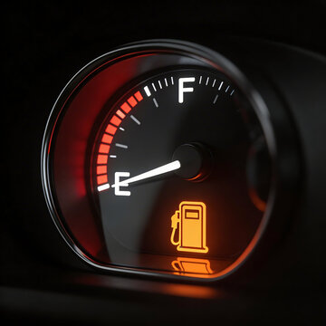 Car fuel gauge showing empty