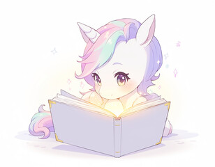 Cute Pastel Unicorn Reading a Magical Glowing Book, Whimsical Fantasy Creature Illustration for Children's Storytelling © eidel