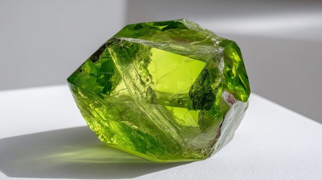 A vibrant green peridot gemstone with a rough, uncut surface resting on a white surface, showcasing its translucent and crystalline structure.