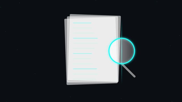 Animated magnifying glass scanning stack of white papers on dark background