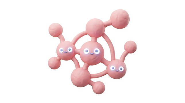 Pink 3D molecule cluster with cute smiling faces.