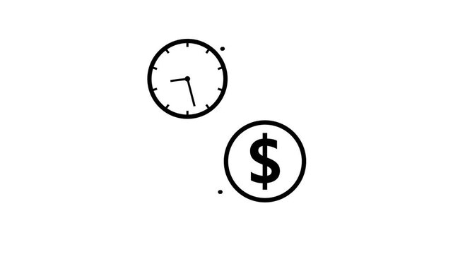 Time is Money Clock and Dollar Coin Exchange Icon Animation Loop Isolated white Background Motion Graphic Video