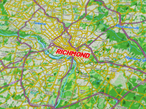 Macro View of Richmond Virginia Map Showing Detailed Streets, Roads, and Geographic Layout