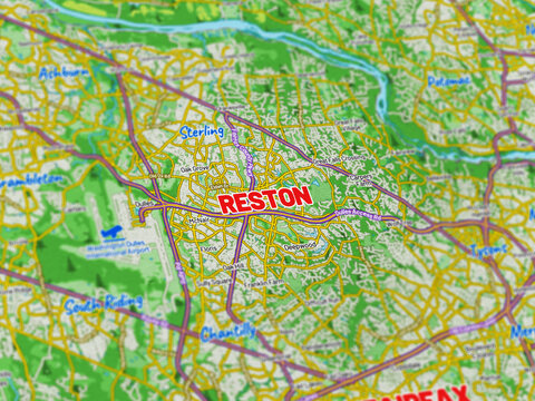 Macro View of Reston Virginia Map Showing Detailed Streets, Roads, and Geographic Layout