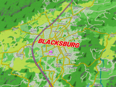 Macro View of Blacksburg Virginia Map Showing Detailed Streets, Roads, and Geographic Layout