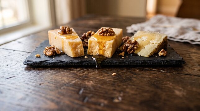 Aged cheese board with honey and walnuts, copy space below, indulgent dark table