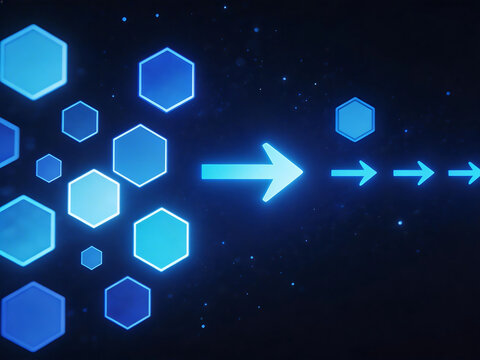 Blue hexagons and arrows on dark background
