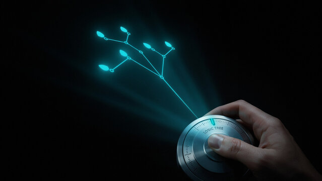 Human hand turning metal dial activating digital logic tree concept against dark background
