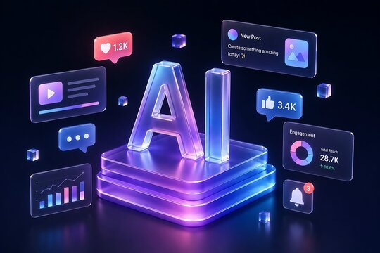 Futuristic AI Social Media Dashboard with Analytics, Engagement Metrics and Content Creation Interface 3D Illustration