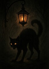 Fototapeta premium Mysterious black cat under lantern.
